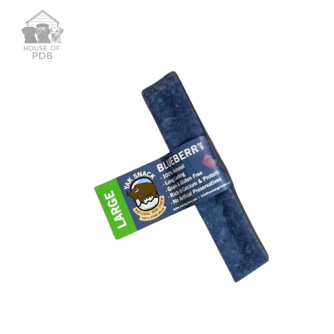 Large blueberry yak dog chew treat with label on a white background