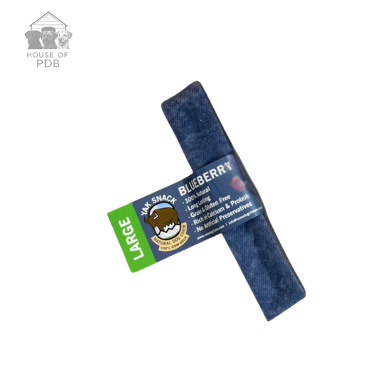 Large blueberry yak dog chew treat with label on a white background