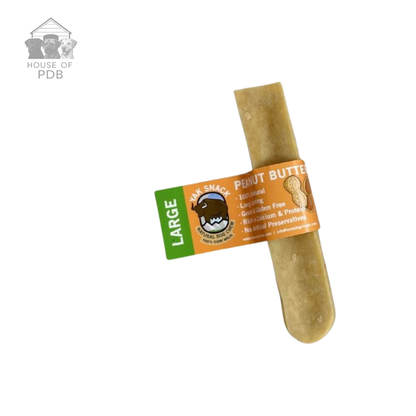 Large Peanut Butter yak dog chew with a label on a white background, featuring 'House of PDB' branding.