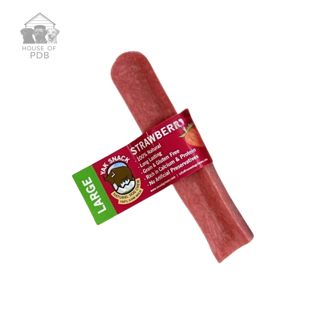 Large Strawberry yak dog chew with a label on a white background, featuring the brand 'House of PDB'.