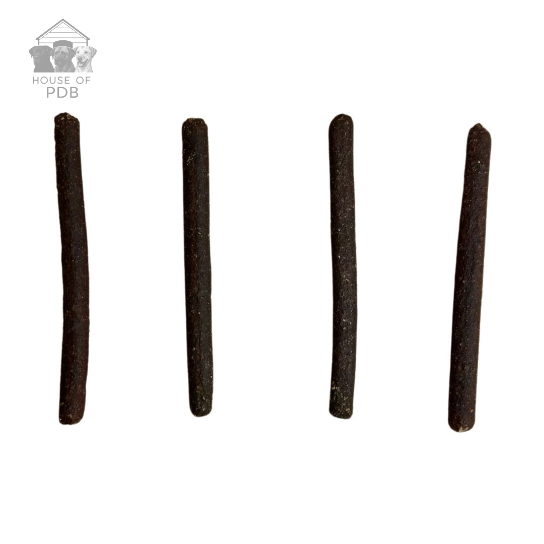 Liver meaty sticks dog treats with house of pdb logo 