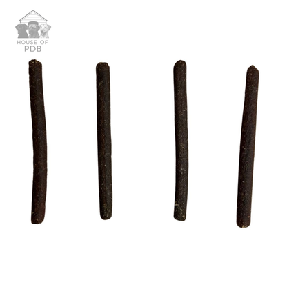 Liver meaty sticks dog treats with house of pdb logo 