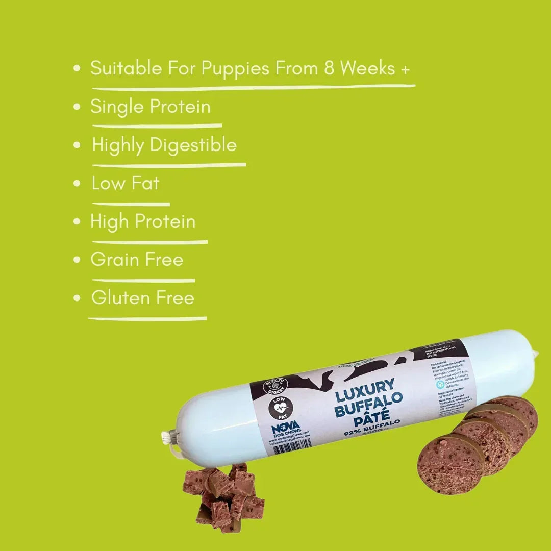 Luxury Buffalo Pate dog treat tube, sliced and cubed, on green background with benefits list.