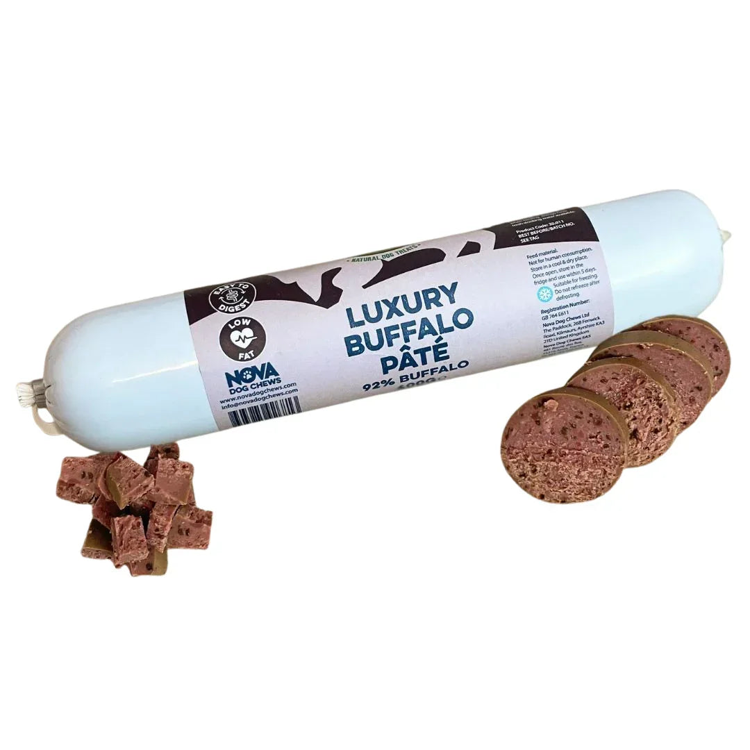 Luxury buffalo pâté dog treat roll with slices and small cubes, natural pet food