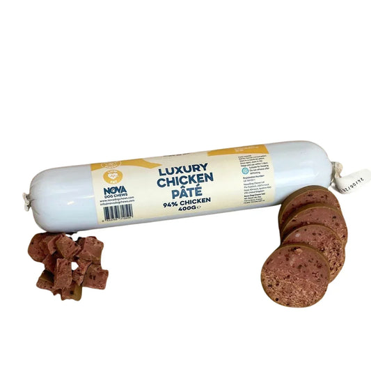 Luxury chicken pâté dog treat roll and slices, 94% chicken, natural pet food.