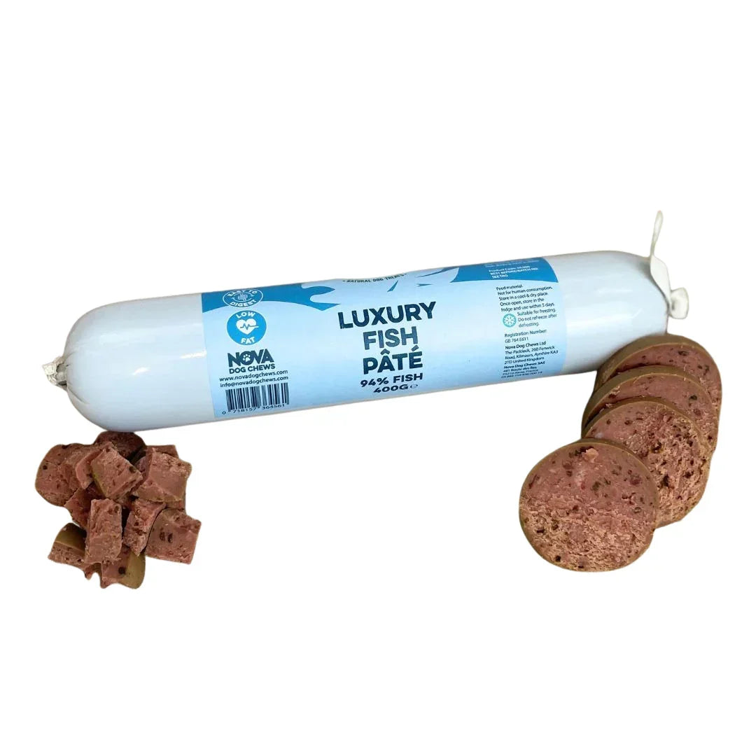 Luxury Fish Pâté dog treat roll with sliced and cubed pieces, natural pet food