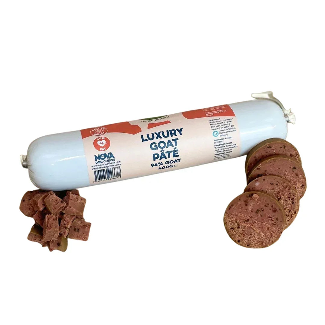 Luxury goat pâté dog treat roll with sliced and cubed pieces, natural pet food House Of PDB