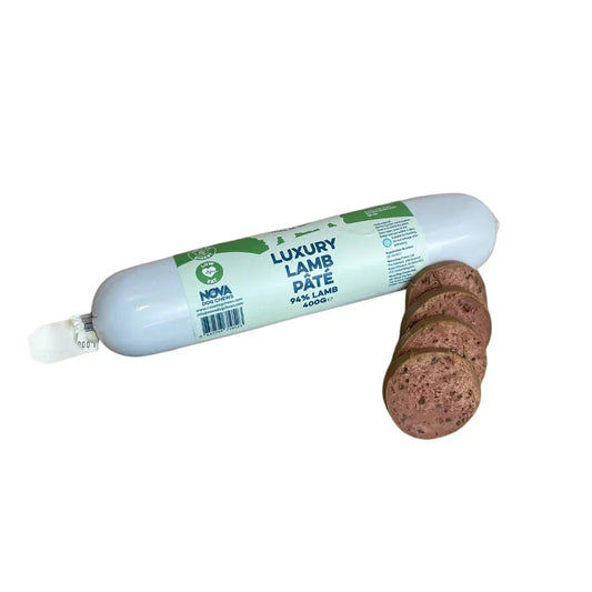 Luxury lamb pâté dog treat roll with sliced pieces, natural pet food House Of PDB