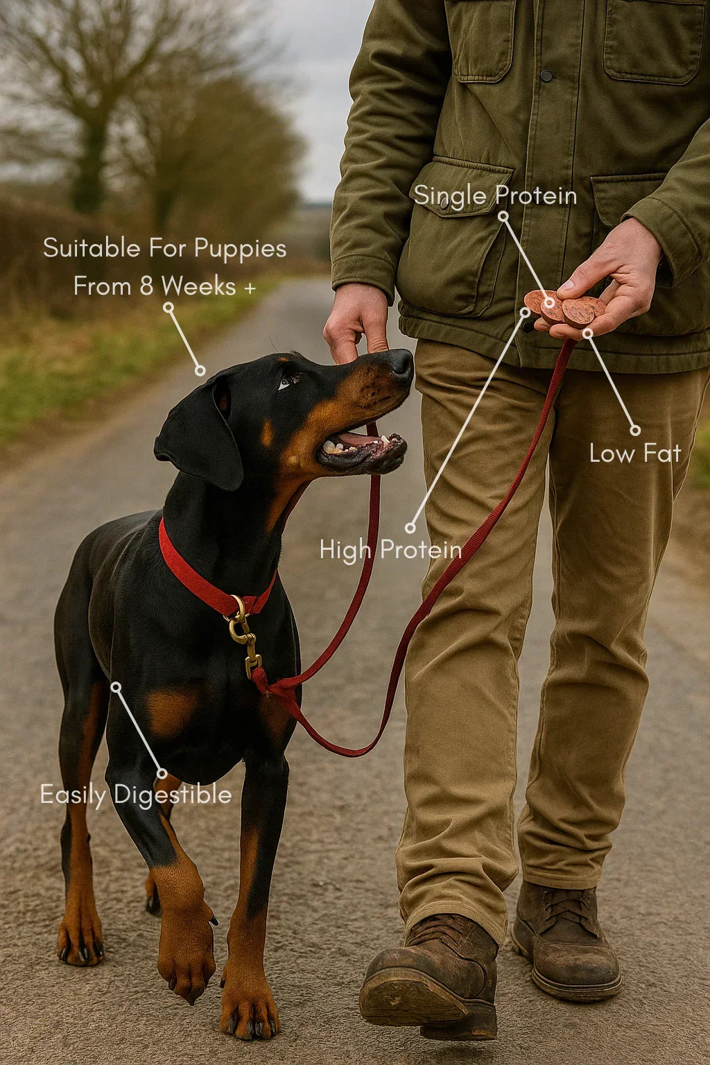Dog on leash being rewarded with natural, high protein, single protein dog treats outdoors