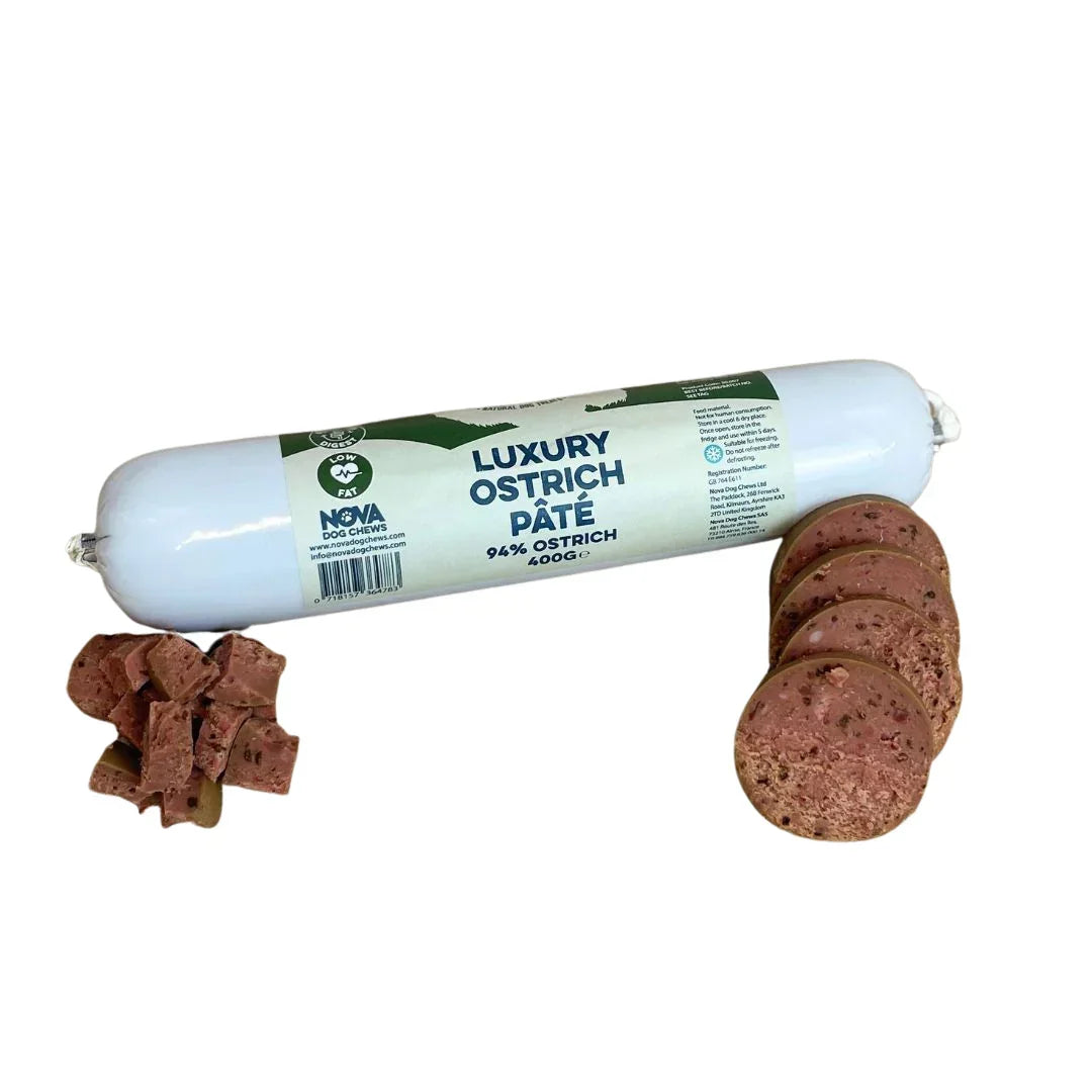 Luxury ostrich pâté dog treat sausage roll with sliced pieces, House Of PDB natural pet product