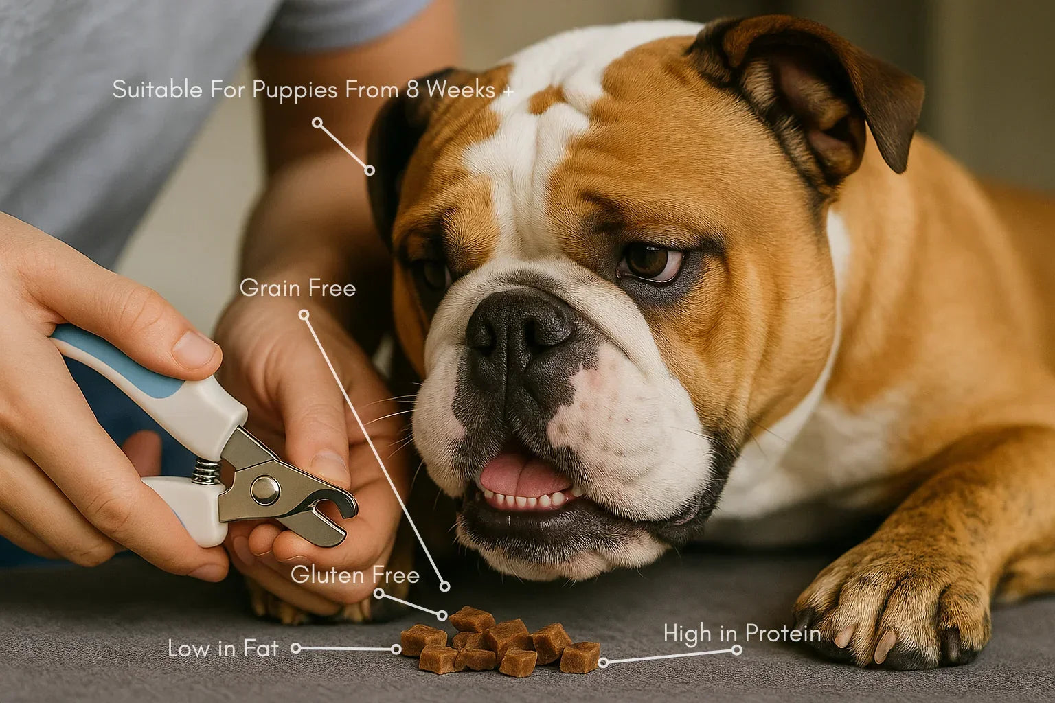 Bulldog puppy near 100% natural dog treats, labeled grain free, gluten free, high protein, low fat