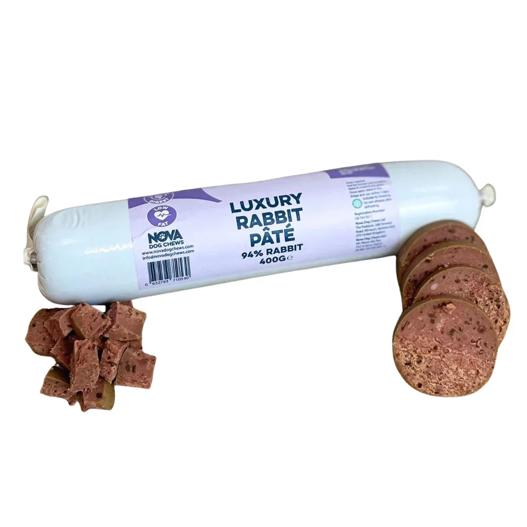 Luxury rabbit pâté dog and cat treat roll with sliced and cubed pieces, natural pet food