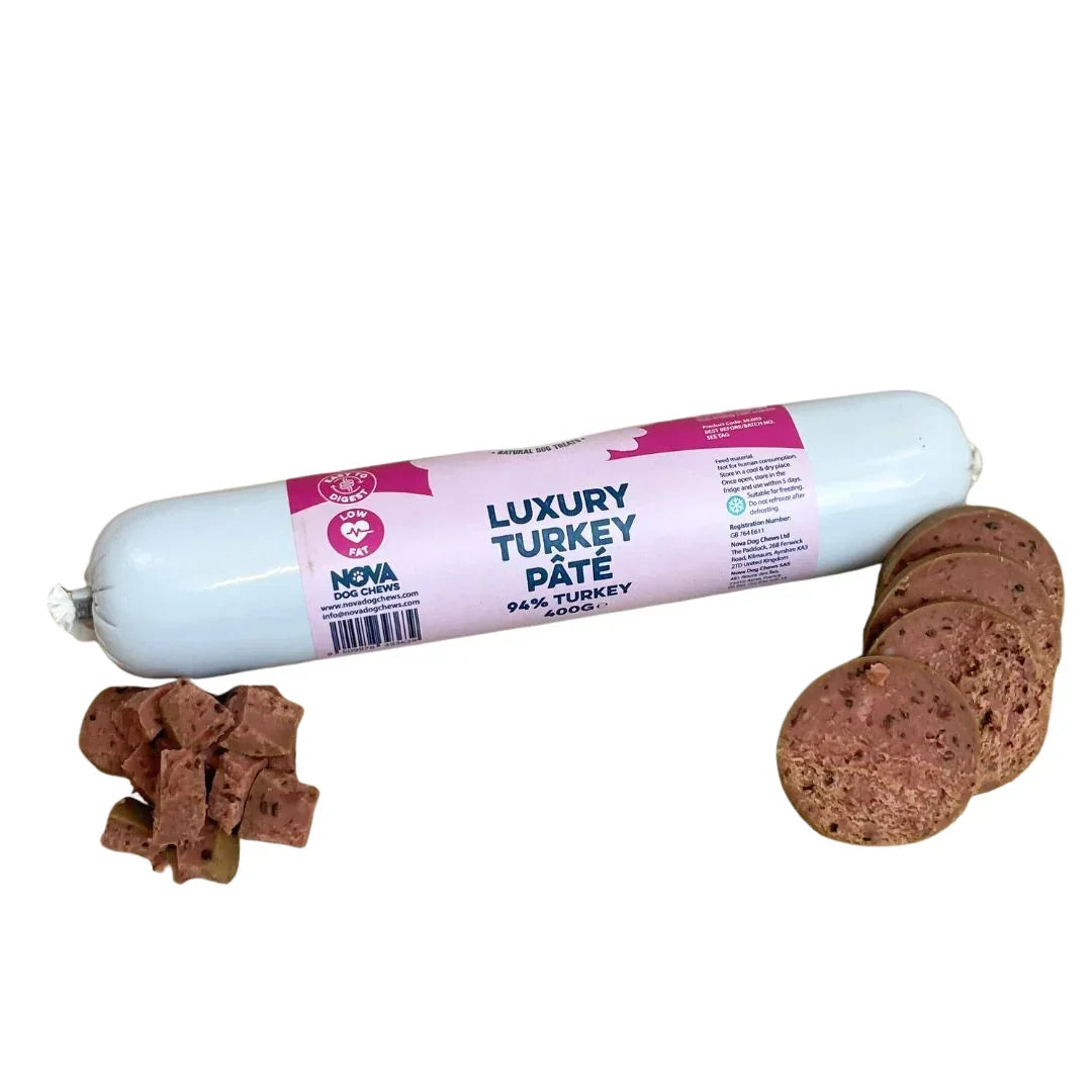 Luxury turkey pâté dog and cat treat roll with sliced and cubed pieces, 94% turkey, House Of PDB