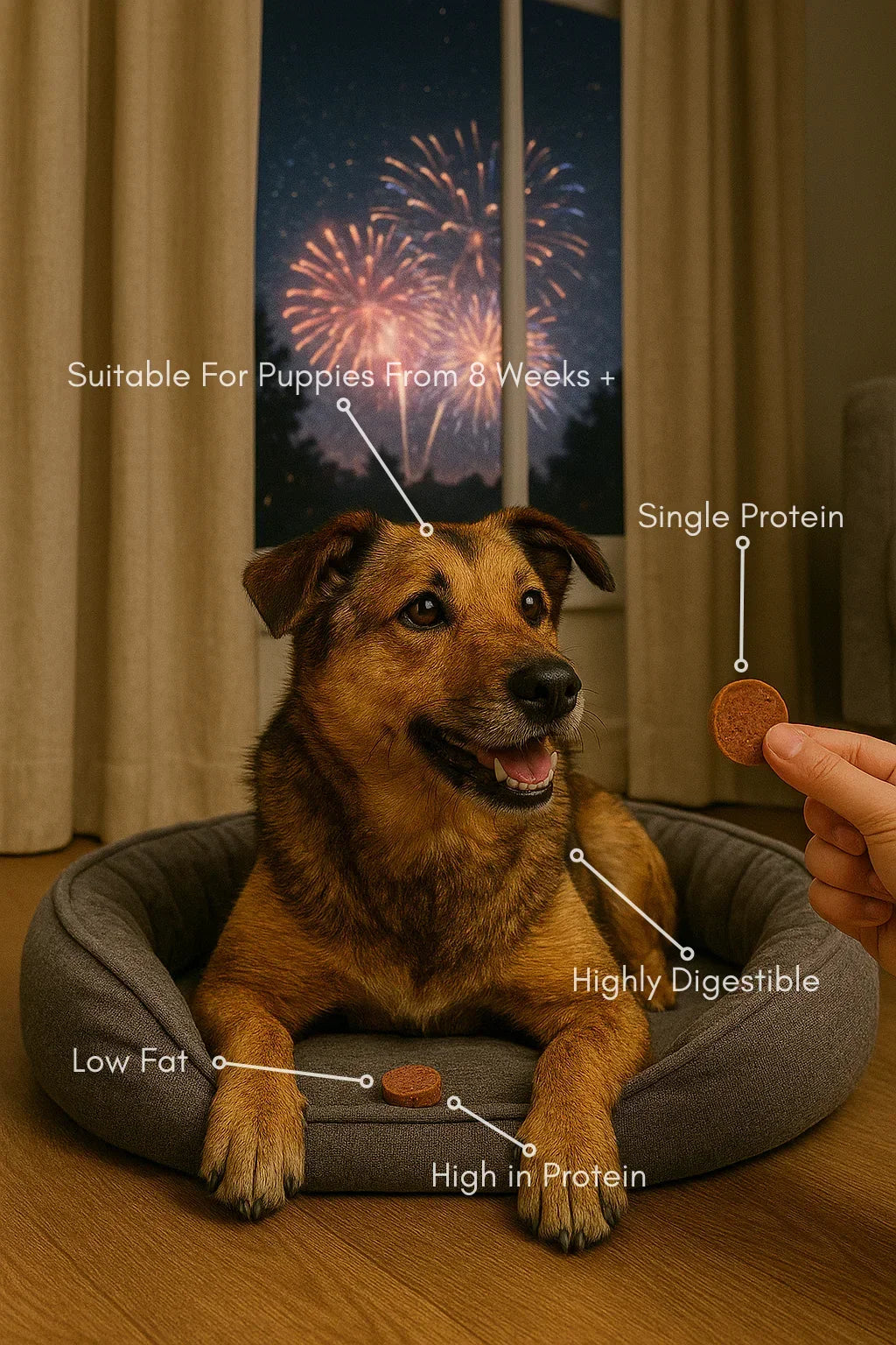 Happy dog in bed with House Of PDB natural turkey dog treat, fireworks in window, text highlights benefits like single protein, low fat, high protein, highly digestible.