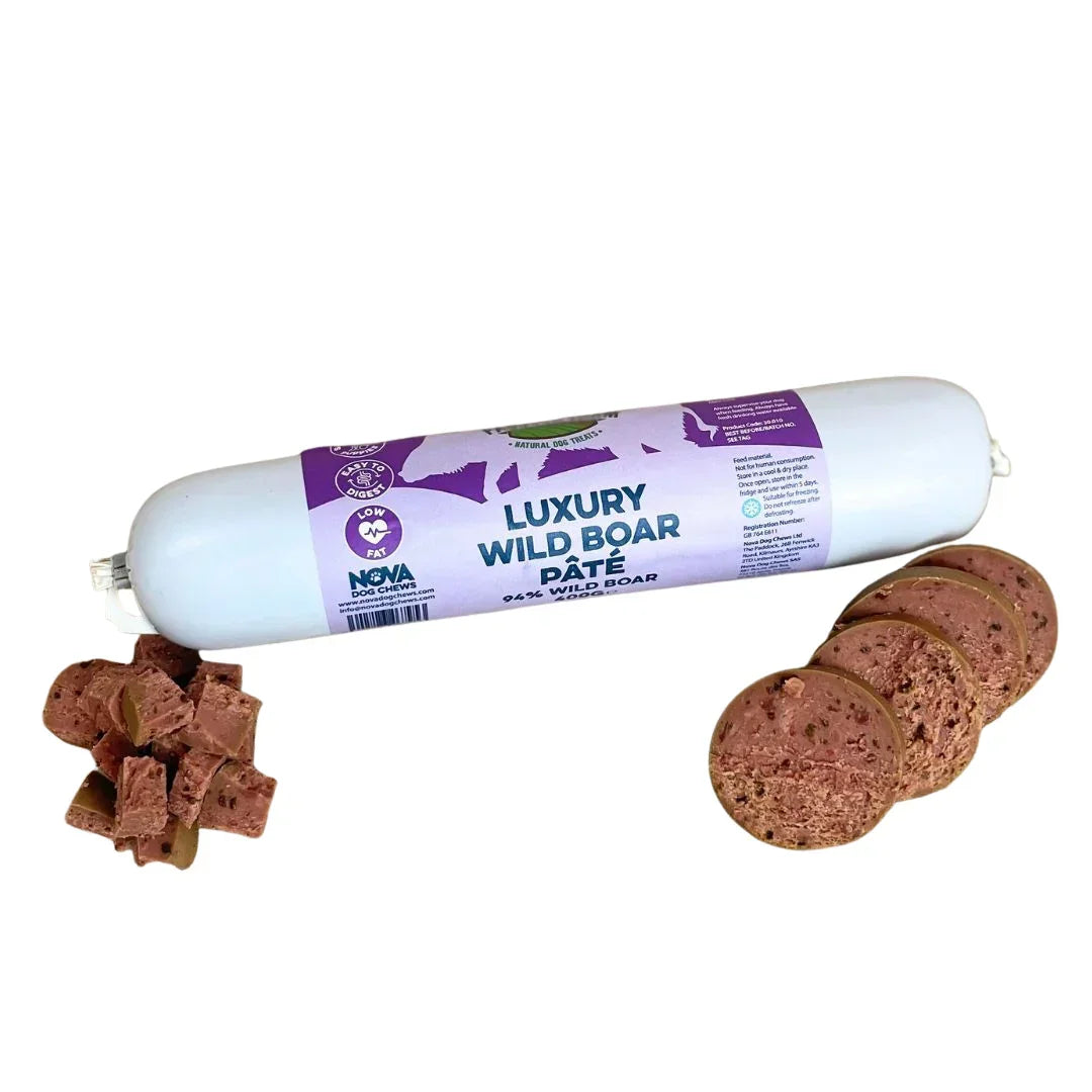 Luxury Wild Boar Pâté for dogs and cats, tube with sliced and cubed natural pet treat.