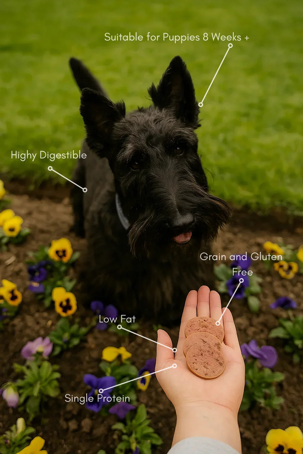 Black dog in garden looks at hand holding grain-free, digestible, single protein dog treats