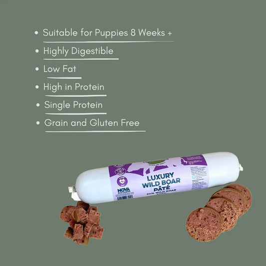 Luxury wild boar pâté dog treat roll, sliced and cubed, grain and gluten free, House Of PDB