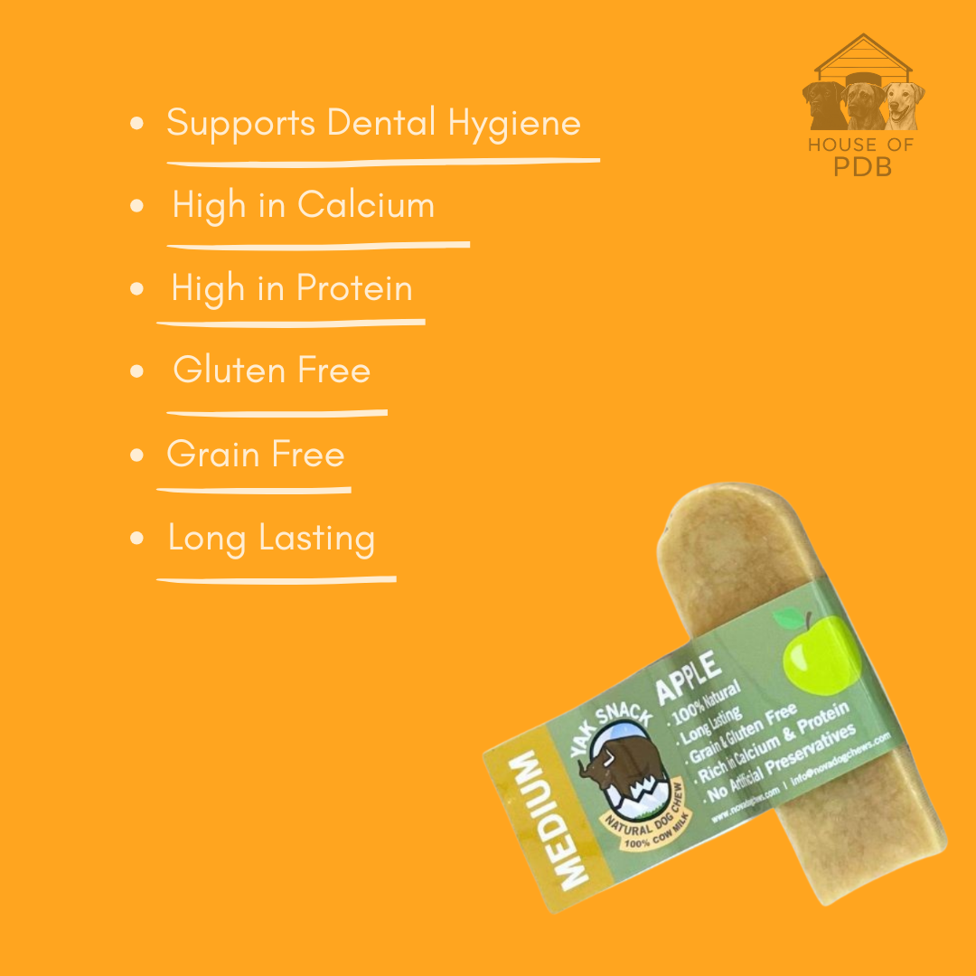 Medium Apple yak dog chew  packaging with features listed on an orange background
