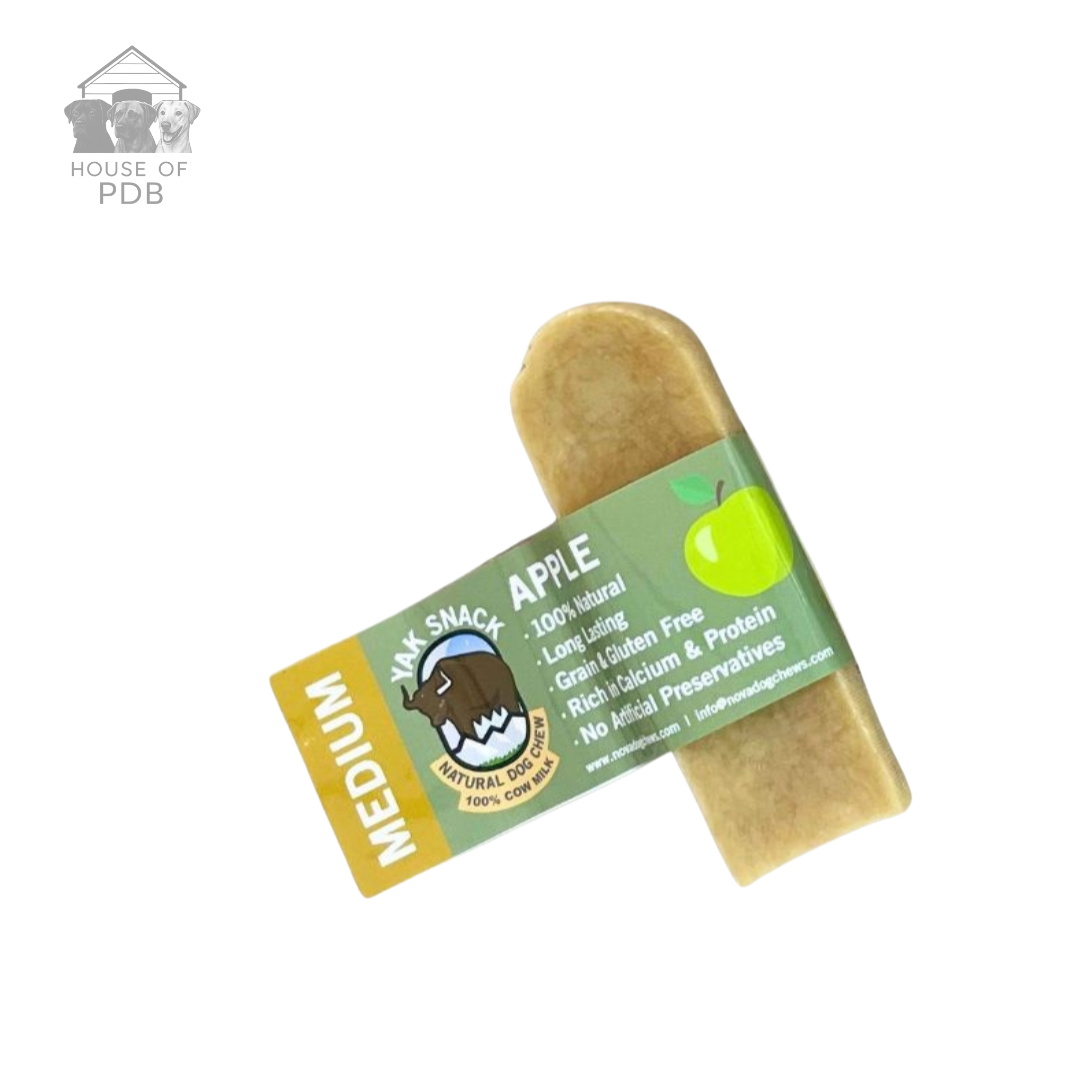 Medium Apple Yak Bar dog chew  with a label on a white background, featuring the 'House of PDB' brand.