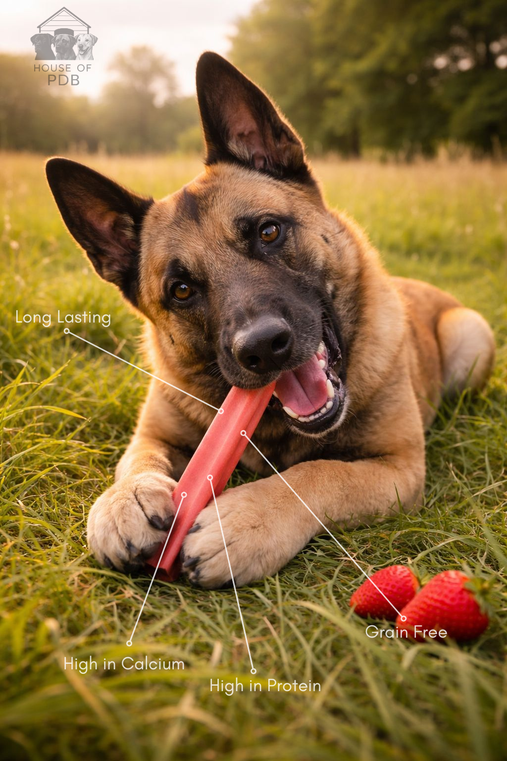 Dog lying on grass with a medium strawberry yak dog chew, with text overlay about the product's benefits.