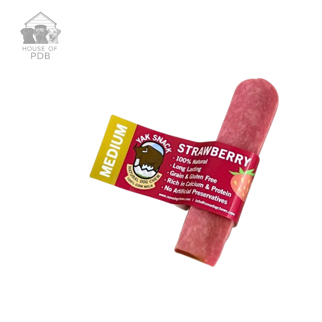 Medium Strawberry Yak dog chew with packaging on a white background with company logo