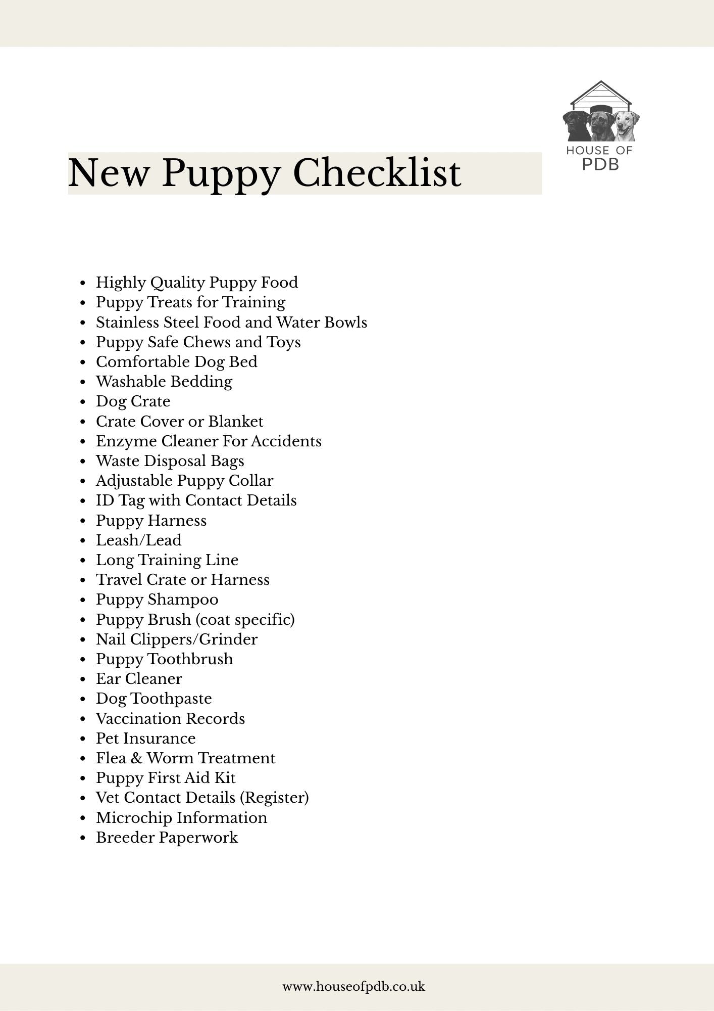New Puppy Essentials Checklist - Digital Download – House Of PDB