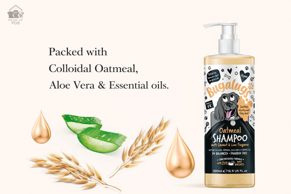 Oatmeal, coconut and lime dog shampoo with a list of some of the main ingredients listed with pictures of the ingredients 