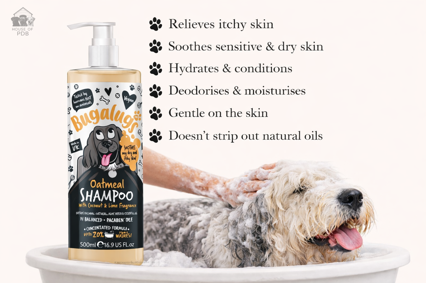 Oatmeal, coconut and lime dog shampoo with a list of the health benefits this product brings. 
