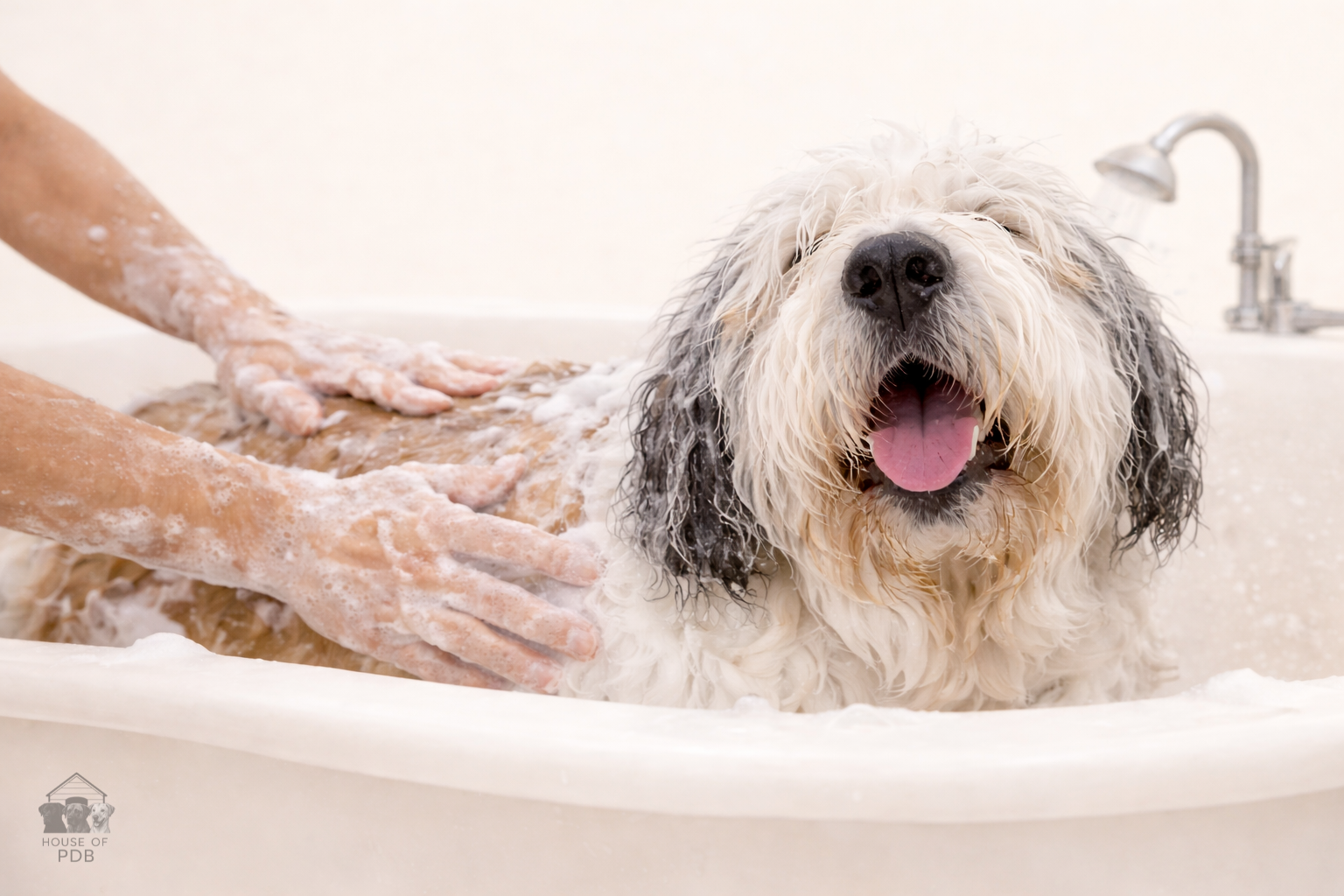 dog being bathed in a bath tub to compliment the dog shampoo that has been listed in the other product photos. 
