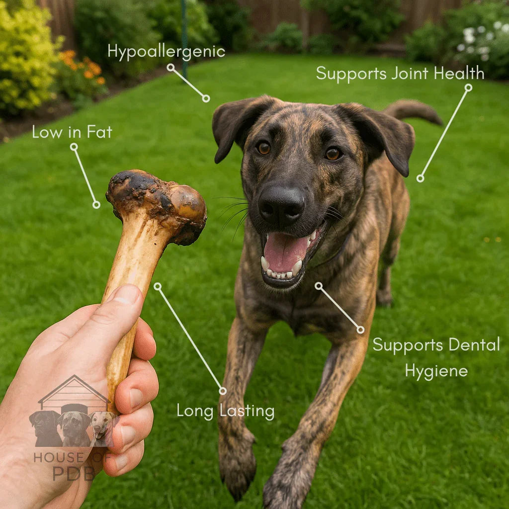 Hand holding a natural dog chew bone with a happy dog running on green grass