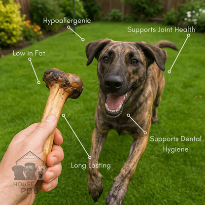Hand holding a natural dog chew bone with a happy dog running on green grass
