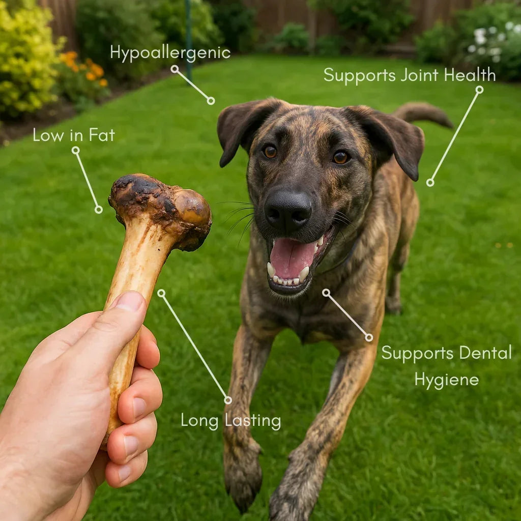 Person holding natural ostrich bone dog treat outdoors with happy dog, health benefits highlighted.