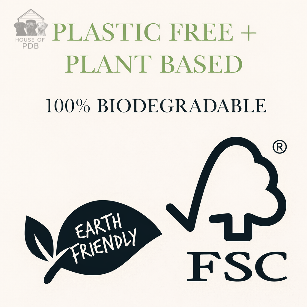 Icons and text indicating plastic-free, plant-based, 100% biodegradable products with Earth Friendly and FSC logos.