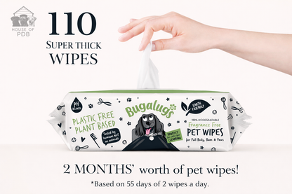Bugalugs pet wipes with a description of how long the average packet of wipes lasts. 