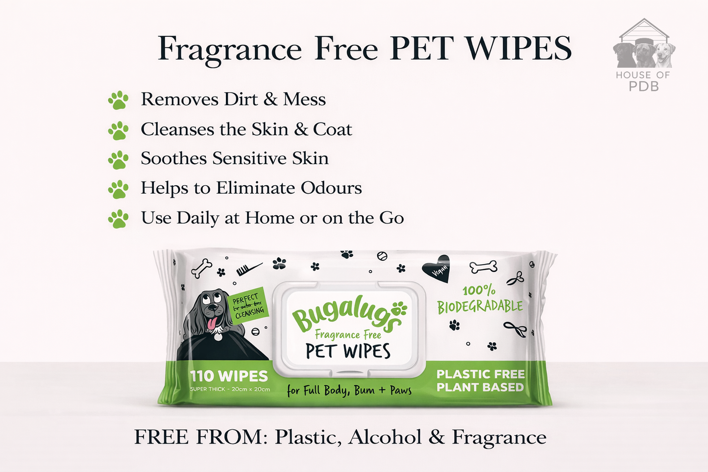 Bag of Bugalugs pet wipes with text highlighting benefits on a white background