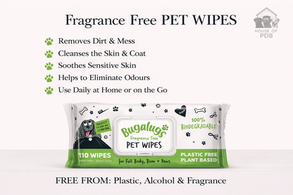Bag of Bugalugs pet wipes with text highlighting benefits on a white background