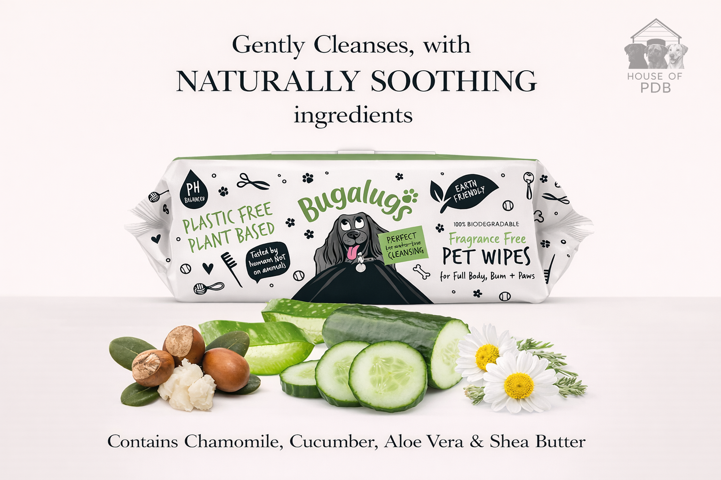 Pack of Bugalugs pet wipes with natural ingredients displayed on a white background