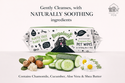 Pack of Bugalugs pet wipes with natural ingredients displayed on a white background