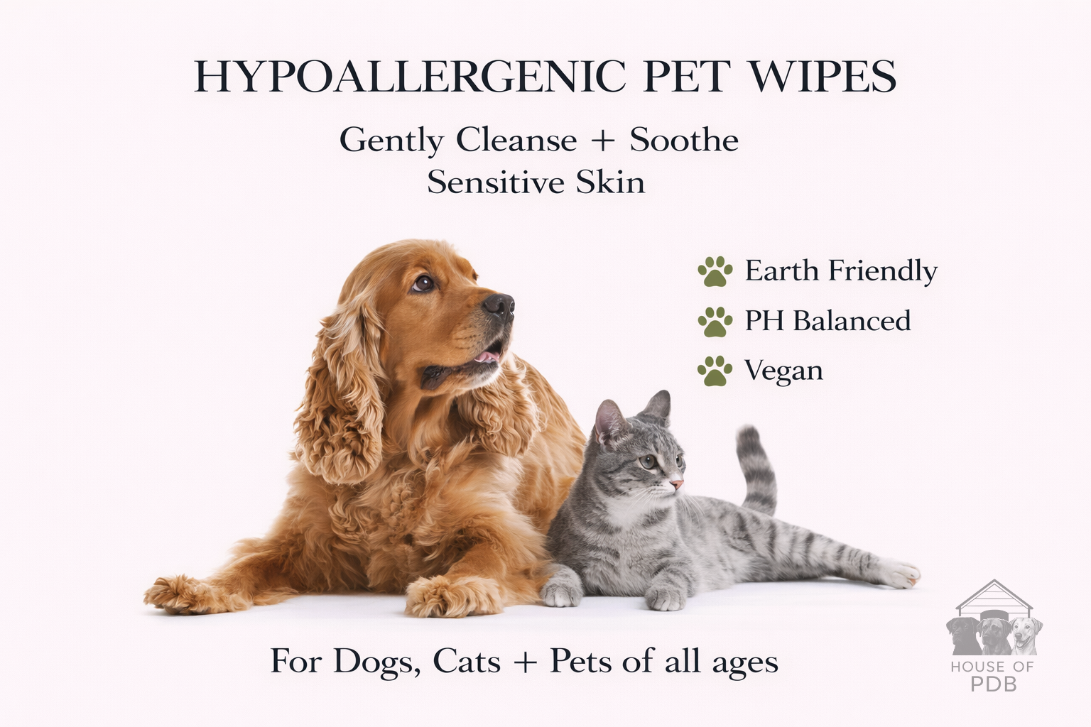 Advertisement for hypoallergenic pet wipes featuring a dog and cat on a white background.