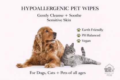 Advertisement for hypoallergenic pet wipes featuring a dog and cat on a white background.