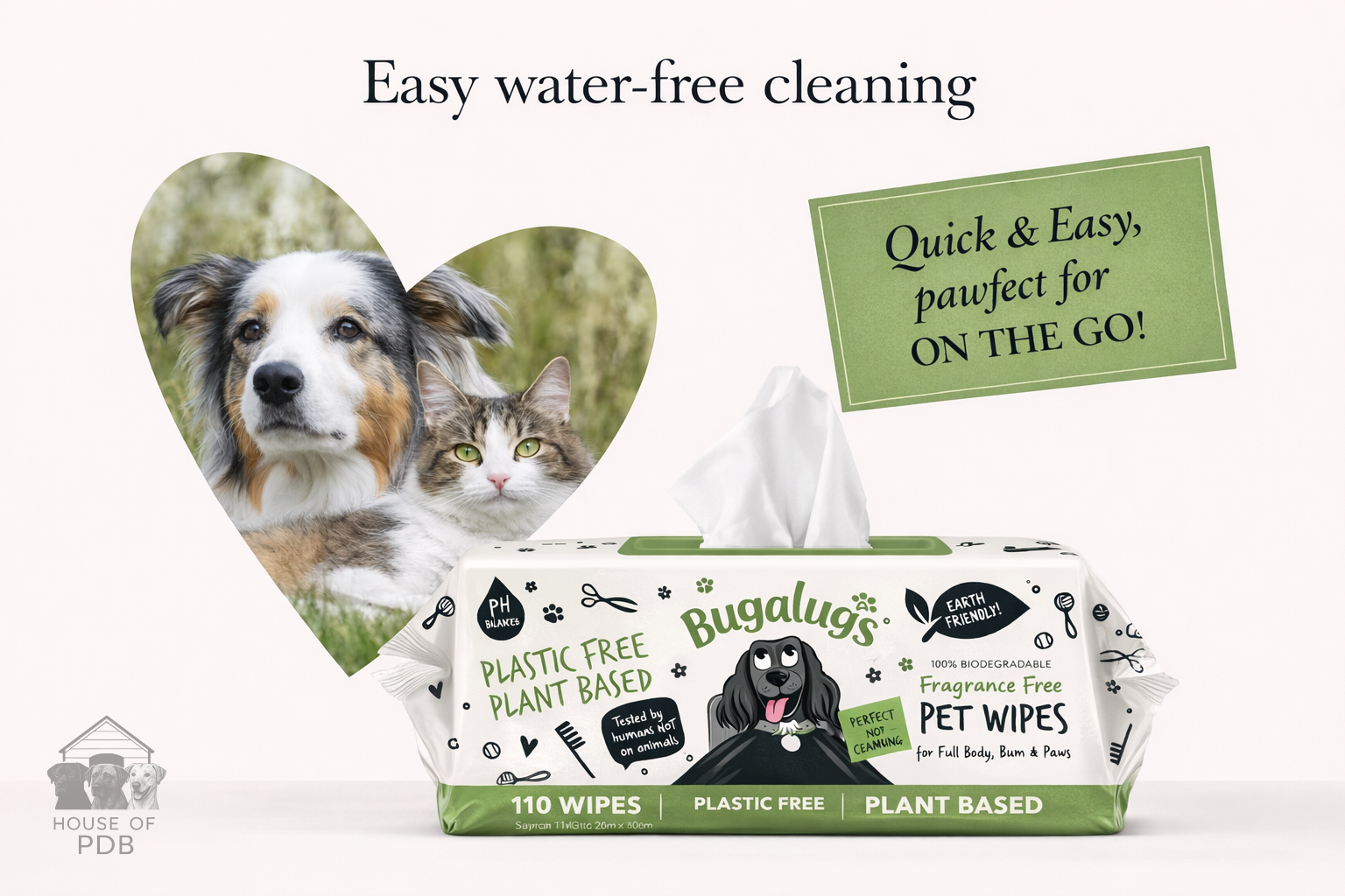 Bugalugs pet wipes packaging with a heart-shaped cutout of a dog and cat, and text about easy water-free cleaning.