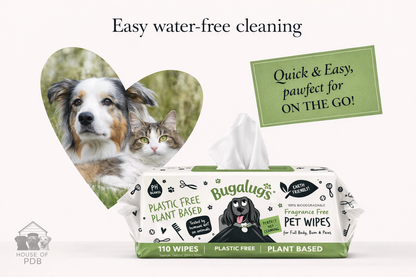 Bugalugs pet wipes packaging with a heart-shaped cutout of a dog and cat, and text about easy water-free cleaning.