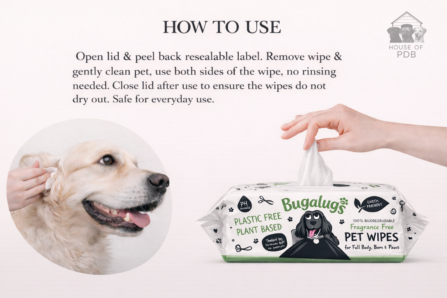 Bugalugs pet wipes packaging with instructions and a dog being wiped.