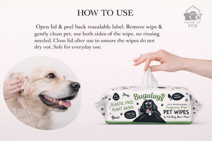 Bugalugs pet wipes packaging with instructions and a dog being wiped.