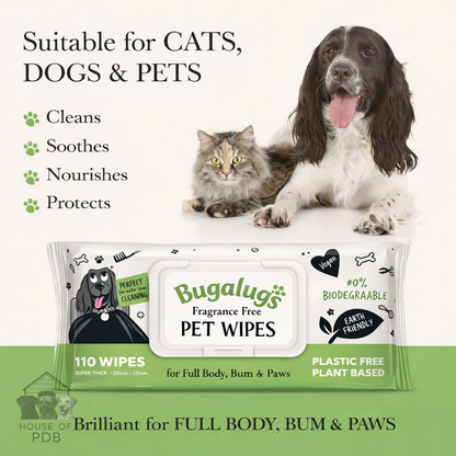 Packaging of Bugalugs pet wipes with a dog and cat on a white background with some of the benefits of the wipes listed