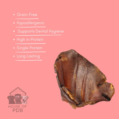 Dried pig ear dog chew treat with benefits like grain-free, hypoallergenic, and high protein on pink background
