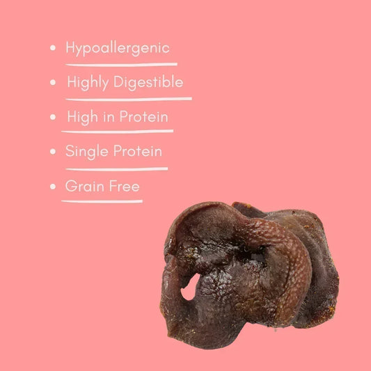 Natural dried pig snout dog treat with hypoallergenic, grain free and high protein benefits on pink background.