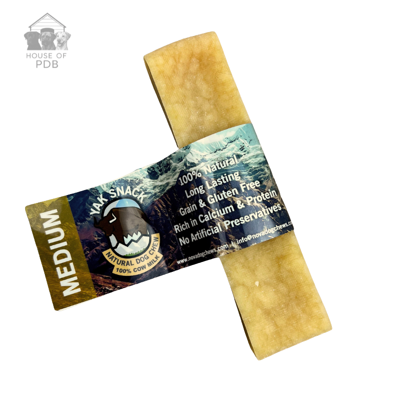 Medium Plain yak dog chew on a white background with house of pdb logo