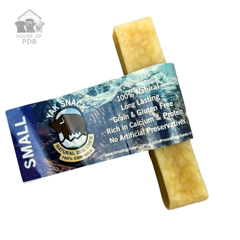 Small Plain yak dog chew on a plain background with house of pdb logo 