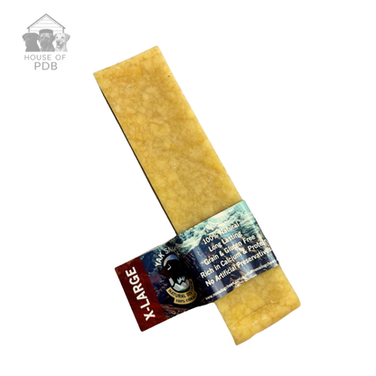Extra large plain yak dog dog chew treat with a label on a white background, featuring the 'House of PDB' logo.